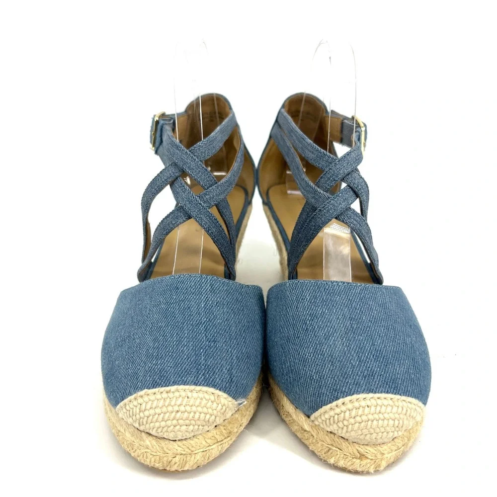 Talbots Womens Blue Denim Espadrille Wedge Sandals Crisscross‎ Ankle Strap 9M